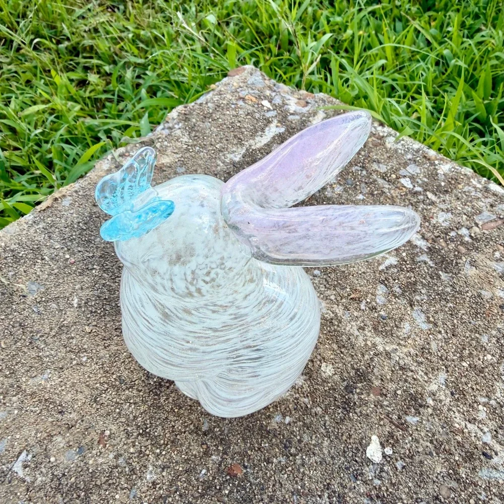 Hand Blown Art Glass Bunny Figurine White Swirl Pink Ears Blue Butterfly 8.5in